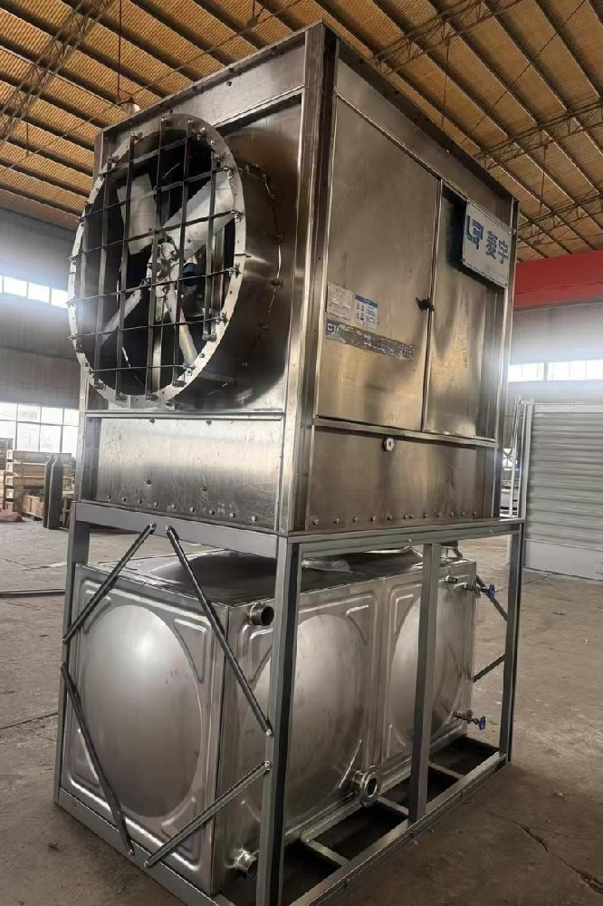 河南郑州菱宇304不锈钢方形横流式侧出风钢板冷却塔和不锈钢水箱一体整机出货