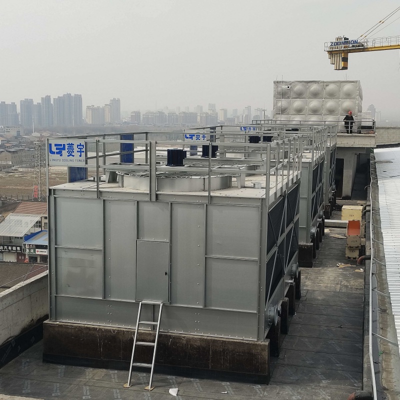 河南郑州菱宇永磁直驱电机的方形横流式钢板冷却塔安装完成